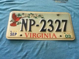 License Plate Vintage Virginia Np 2327 2003 Red Bird Cardinal Rustic Usa