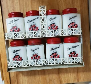 Vintage Usa Milk Glass Flowers 8 Spice Jars With Red Lids & White Metal Rack