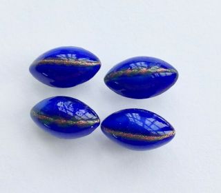 4 X 13mm Antique Oval Blue Glass Buttons,  Pink,  Green & Gold Foil Overlay