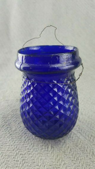 Antique Victorian Diamond Cobalt Blue Glass Christmas Light Candle Lantern