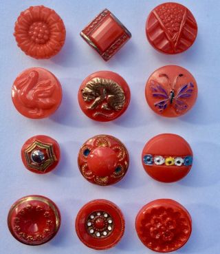 12 X 14mm Vintage Red Glass Buttons,  Enamel,  1920s Tiger & Pelican