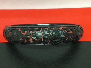 Vintage Chinese Cinnabar Carved Bangle Bracelet Black & Red Lacquer