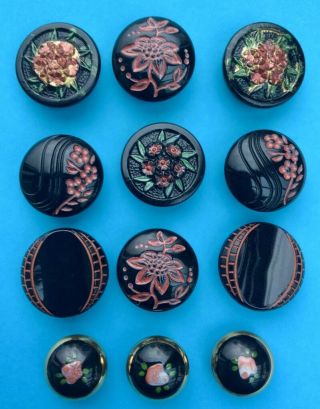 12 Vintage Black Glass Buttons With Red Enamelled Designs,  13mm & 18mm