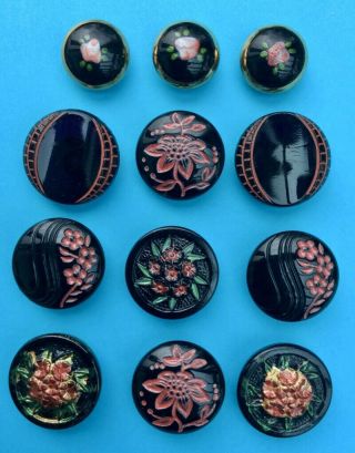 12 Vintage Black Glass Buttons With Red Enamelled Designs,  13mm & 18mm 2