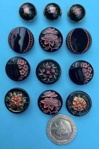 12 Vintage Black Glass Buttons With Red Enamelled Designs,  13mm & 18mm 3