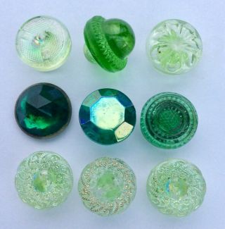 9 Antique/vintage Transparent Green Glass Buttons,  Gem Cut,  Lustre,  Mirror Back