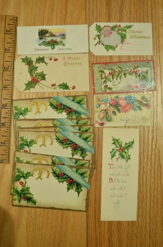 Vintage Christmas Gift Tag Cards Embossed Merry Holly Some Gummed Santa Xmas