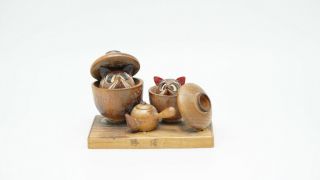 Rare Tanuki Japanese Raccoon Miniature Wood Pot Decoration Kanji Cute Miniature