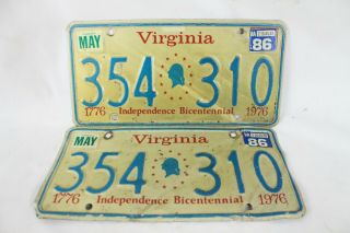Vintage Virginia Va Independence Bicentennial Matching License Plate Pair 1976
