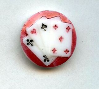 Vintage White Glass Button - - Molded Playing Cards - - Club - Heart - Spade - Diamond - - 3/4 "