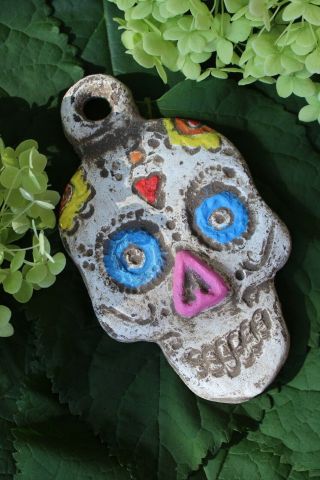 Sugar Skull Clay Day Of The Dead Wall Oranament By Rafael Pineda Mexico Folk Art