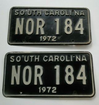 Vintage Black 1972 License Plate Tags Matching Pair South Carolina Sc Nor 184