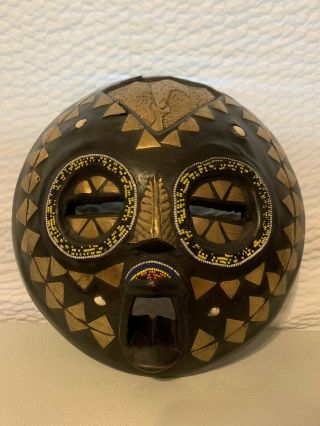 Round Vintage African Tribal Mask Hand Carved Wood.  Gold Paint W/ Beads