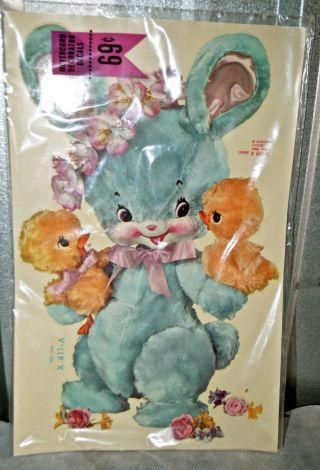 Vintage Meyercord Decal Blue Bunny Chicks Print Large Kitschy Rabbit