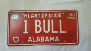1983 1 Bull Red Alabama Tag License Vintage Antique Man Cave Rare Custom Hot