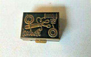 Vintage Mini Travel Sewing Kit Box Brass Metal - Black Enamel Crafter Pill Box