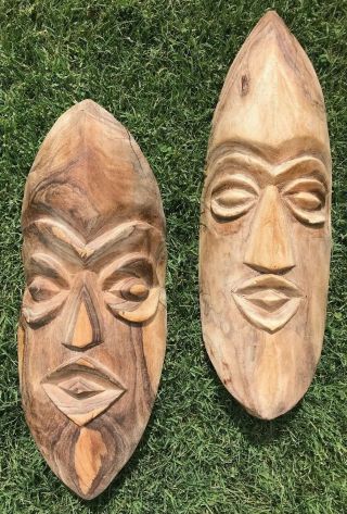 Vintage Pair Tiki Bar God Masks Wooden Wall Decor Hawaii Surf Art Mid Century