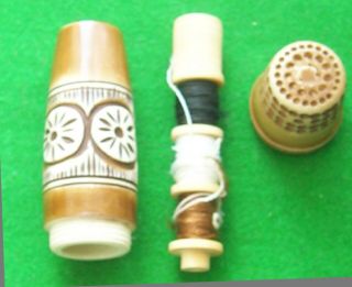 Antique Sewing Items,  Pretty Travelling Needle Case With Thimble Cotton Etc