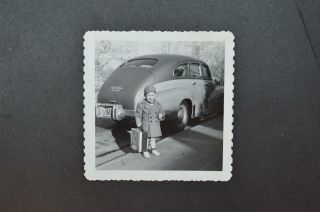 Vintage Car Photo Cute Boy W/ Suitcase & Circa 1947 Oldsmobile Fastback 928057