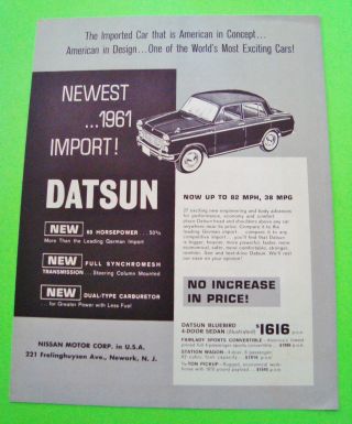 Rare 1961 Datsun Folder Brochure W/ 4 - Seater Fairlady Convertible Pick - Up Wagon