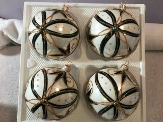 Christmas Ornaments Set Of 4 Glass White W/black & Gold Designs Poland Ex2761