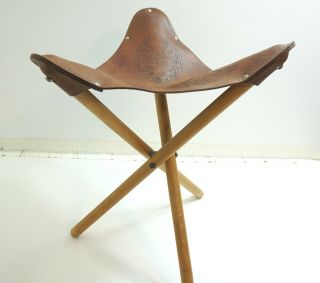 Vintage Designer Made 3 Legged Folding Tooled Buffalo Hide Leather Stool Chair