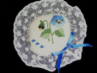 Vintage Needlepoint Pin Cushion Pansy Lace Trim