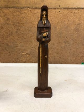 Vintage Wood Carving Religious Hooded Monk Holding Cross 15”