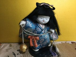 Japanese Handicraft Kimekomi Type Girl Doll,  Holds Gold Suzu Bell - 18cm