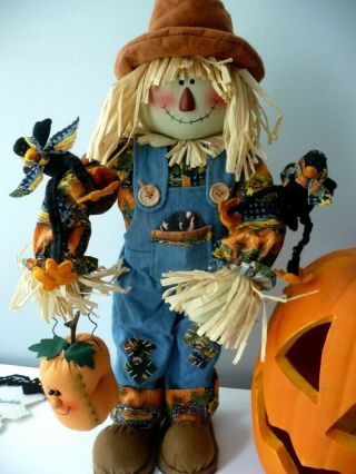 20 " Primitive Fall Halloween Scarecrow With Pumpkin Denim Fabric Doll Decor