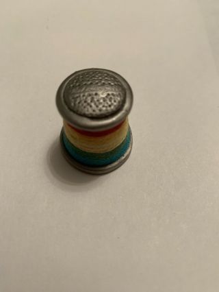 Wrapped W/ Rainbow Thread Pewter Thimble Signed By Nicholas Gish
