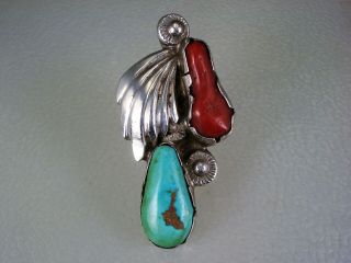 Old Dan Simplicio Navajo Sterling Silver Turquoise & Red Coral Ring Sz 7.  5