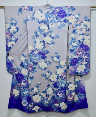 Japanese Kimono Silk Furisode / Gorgeous Flower / Blue & Purple Gray /428