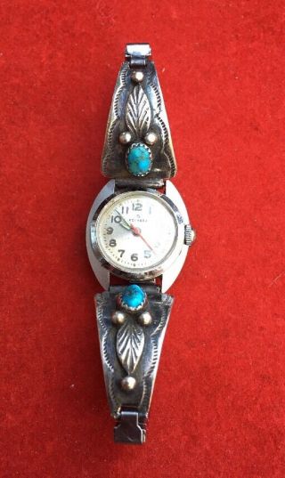 Vtg E Anderson Navajo Sterling Watch Band Tips Nugget Turquoise & Helbros Watch