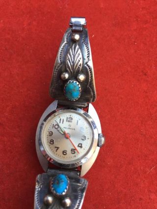VTG E Anderson NAVAJO STERLING WATCH BAND Tips NUGGET TURQUOISE & Helbros Watch 2