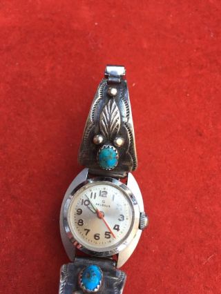 VTG E Anderson NAVAJO STERLING WATCH BAND Tips NUGGET TURQUOISE & Helbros Watch 3