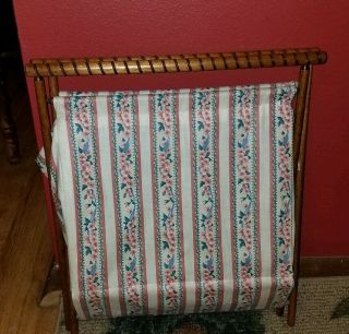 CHARMING VTG Small Wooden Folding KNITTING SEWING Basket Tote STRIPED FLORAL 4