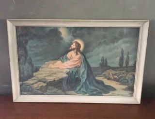 Vintage Framed Picture Of Jesus Praying In Garden Of Gethsemane Wood Frame