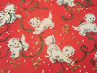 Vtg Christmas Wrapping Paper Gift Wrap 1940s Playful Kittens Cats Kitty Nos