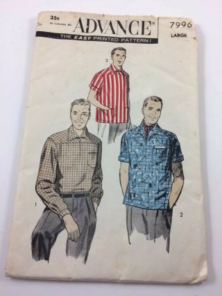 Uncut Vintage 50’s Advance Pattern Men’s Casual Shirt Sz Large Chest 42 - 44”
