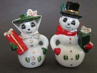 Vintage Snowmen Christmas Salt Pepper Shakers Mr Mrs Snowman Set Japan