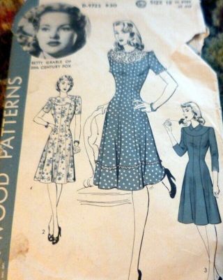 Lovely Vtg 1940s Dress Hollywood Betty Grable Sewing Pattern 18/36
