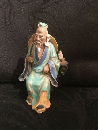 Vtg Chinese Mud Man Seated Old Man At A Table W/tea Pot & Cup 4 3/4 "