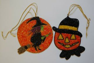 Vtg Halloween Jack - O - Lantern And Witch Melted Popcorn Plastic Decoration Pumpkin