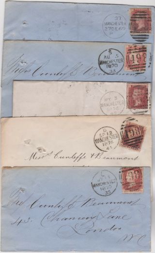 1869 - 76 Qv Five Manchester Covers With 1d Red Stamps To London Various Plates