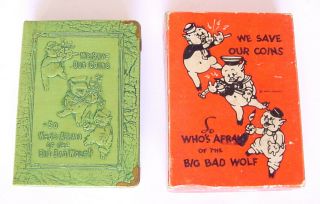 1920s Walt Disney 4.  5 " Three Little Pigs Coin Bank Green Boxed Big Bad Wolf