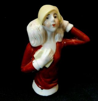 Vintage 3.  75 " Porcelain Pincushion Half Doll Cloche Hat Fur Collar Flapper