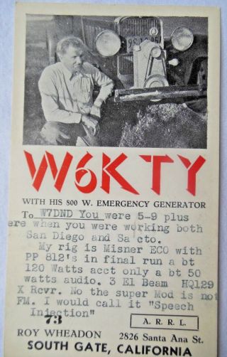 1949 - Qsl Card - W6kty - South Gate,  Ca - Great Shape