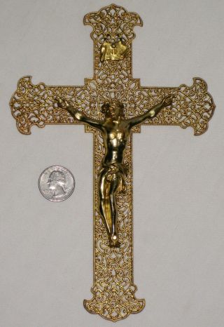 Vintage Antique Gold Metal Filigree Catholic Cross Jesus Christ Crucifix