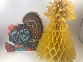 Vintage 1960’s Era Turkey & Foldout Honeycomb Cornshock Thanksgiving Centerpiece